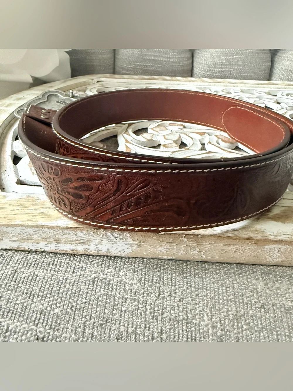 Nocona Brown Leather Belt with Ornate Turquoise-Accented Buckle Vintage 38